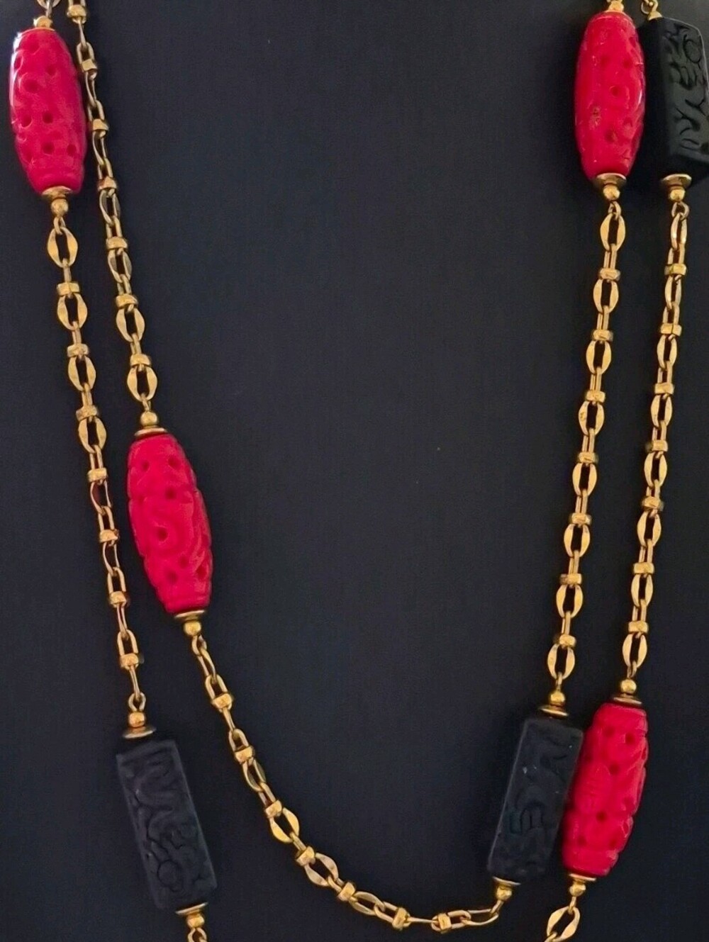 Kenneth Jay Lane (KJL) Metro Chic Faux Onyx and Coral Station Necklace,24" hang